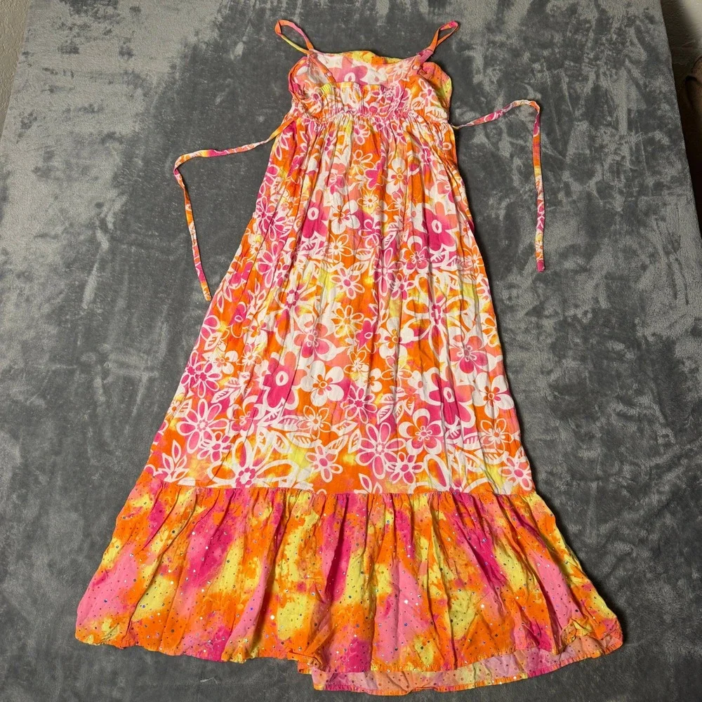 Justice Girls Size 14 Floral Tie Dye Maxi Dress Pink Orange Sequin Ruffle